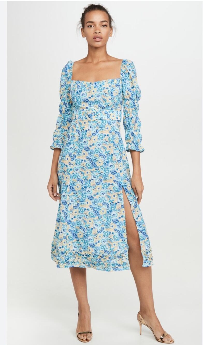 Paloma Blue Isla Midi Dress‎ Blue Floral Romantic Boho Sleeve Sz S